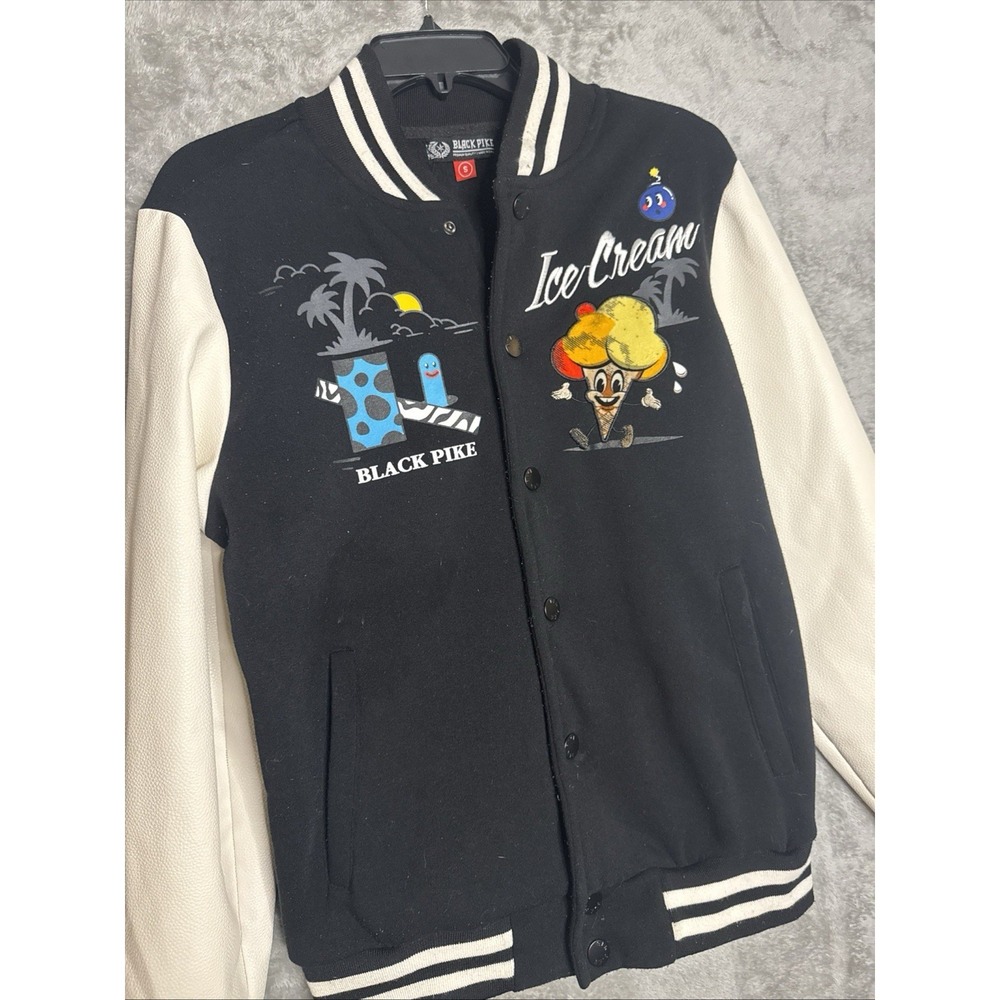 Black Pike Ice Cream Varsity Jacket Mens Small Black White Graphic Streetwear